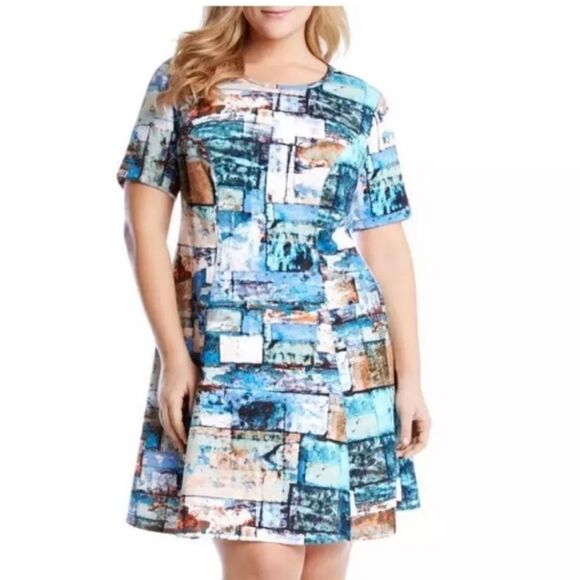 SOLD!! KAREN KANE Printed Short Sleeve Fit & Flare Scuba Dress - Size 1X - Picture 1 of 13
